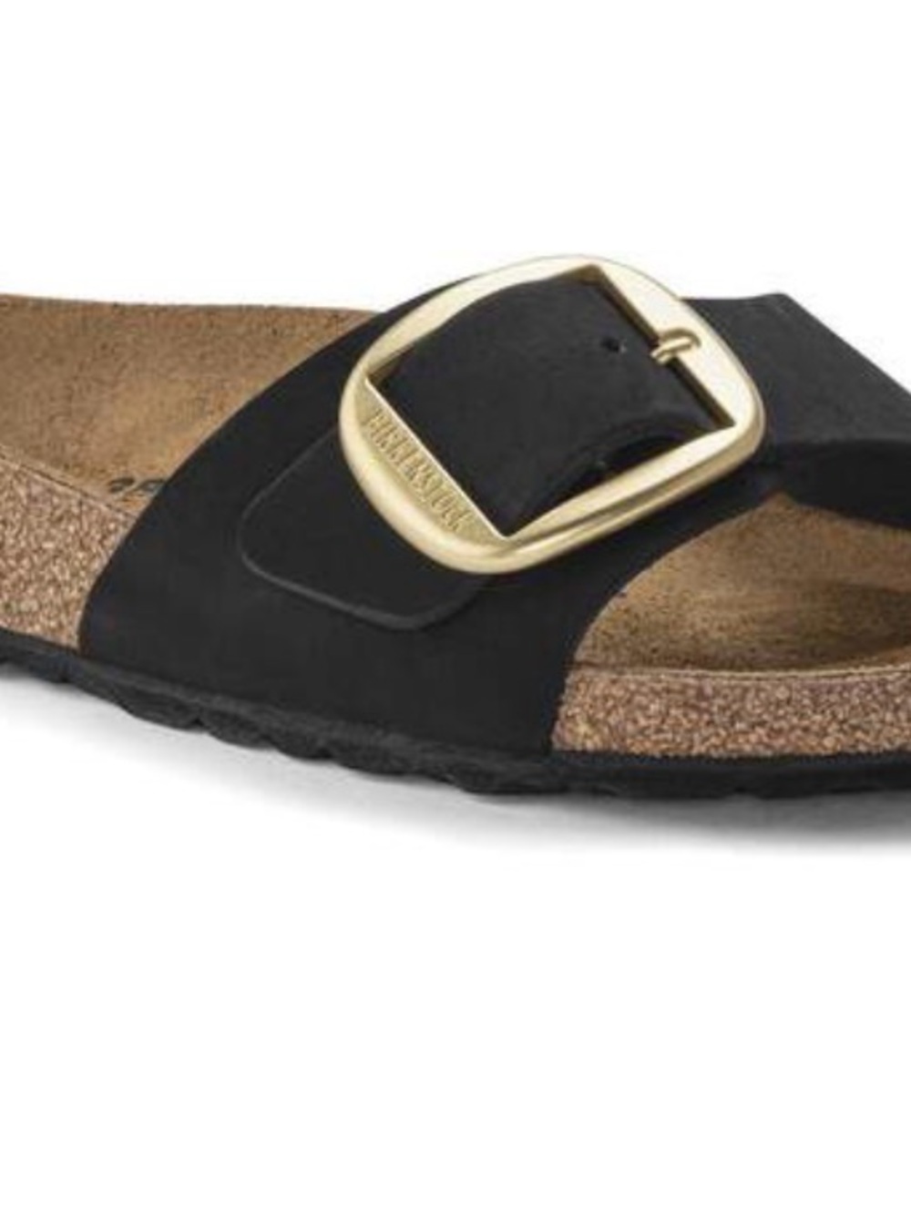 Birkenstock Madrid Black Suede Slide with Gold Buckle Accent